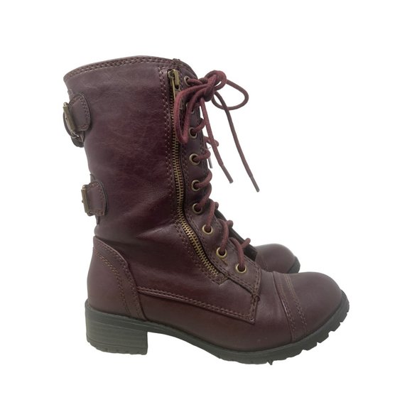 Soda Shoes - Soda Lace Up Combat Motorcycle Riding Boots Women 5 Buckle Burgundy Red Military